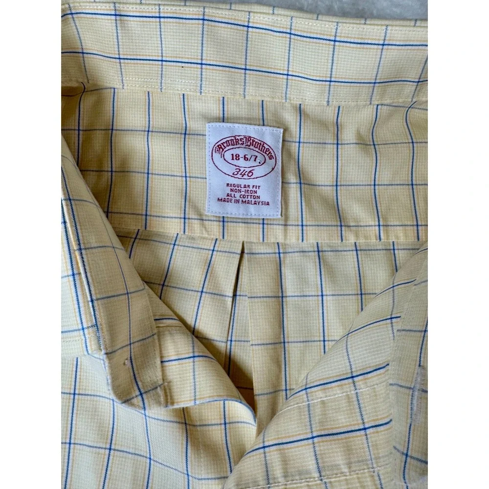 Brooks Brothers Dress Shirt Mens 18 6/7 Yellow Windowpane Check Non-Iron‎ Cotton